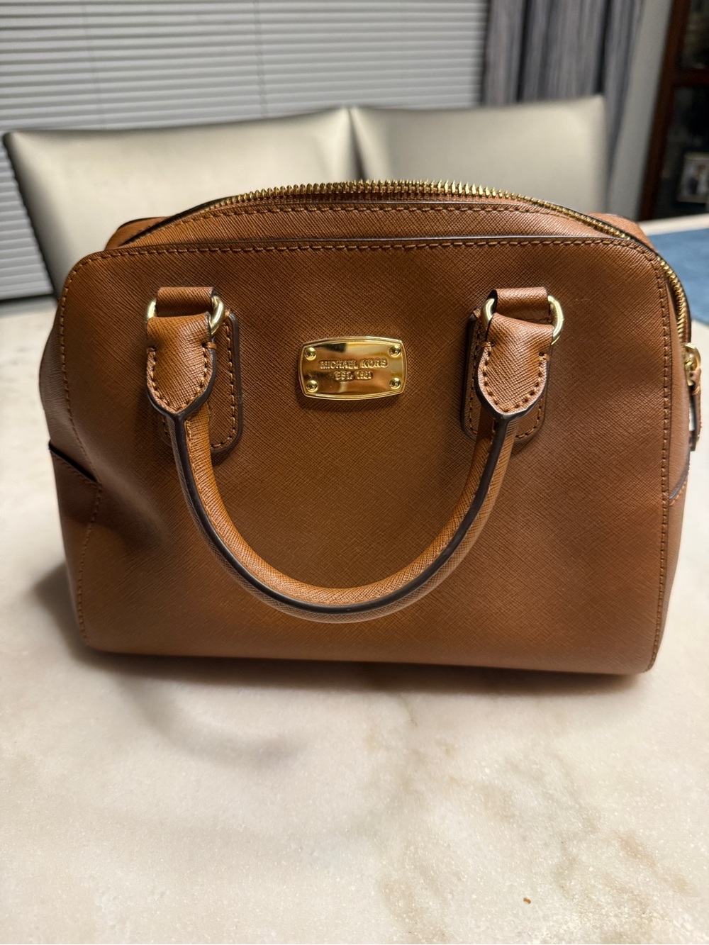 Michael Kors Brown Saffiano Dome Satchel with Gold Hardware